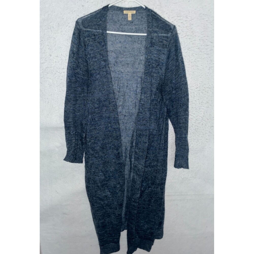 Eileen Fisher XL 100% Organic Linen Button Front Knit Long Cardigan Duster Blue